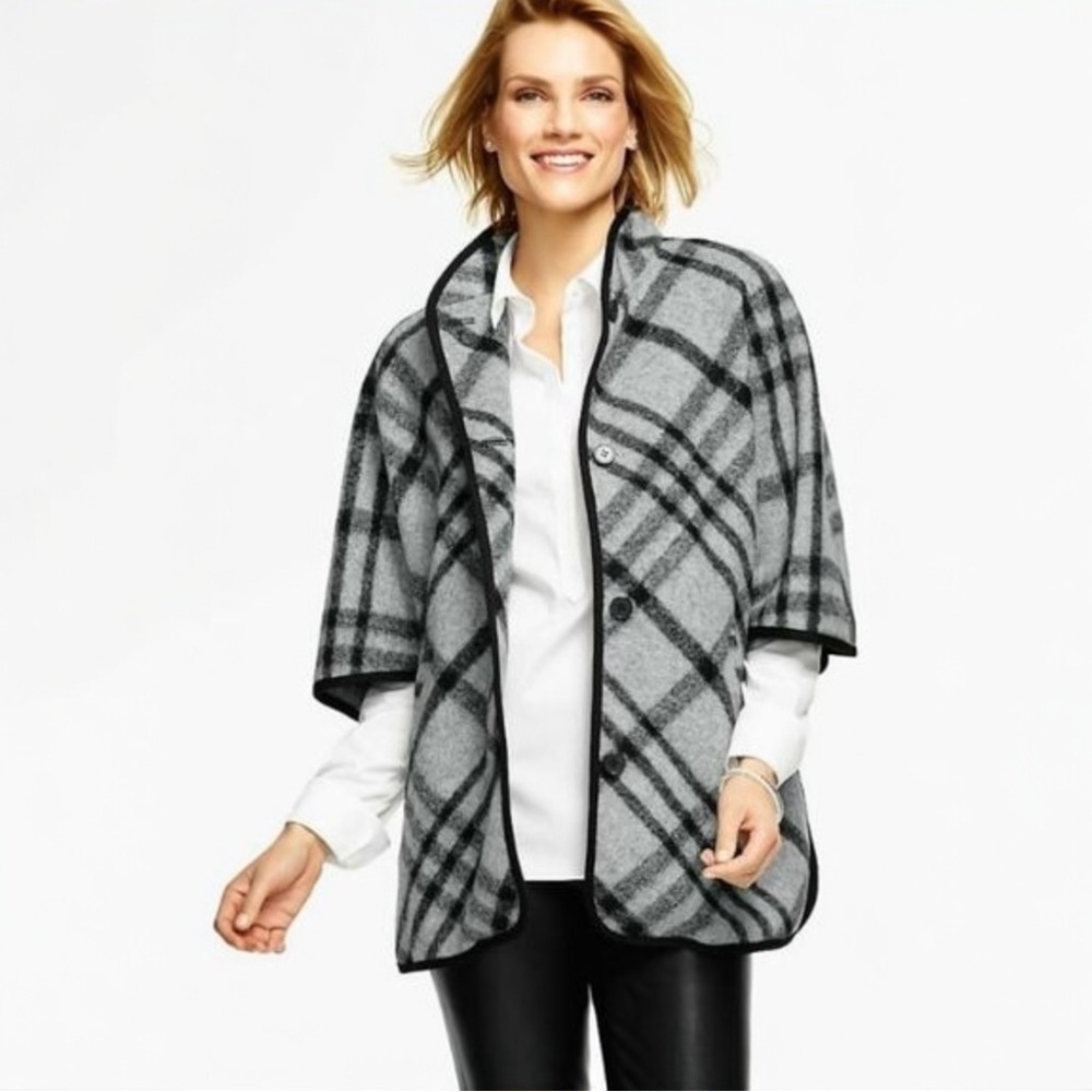 Talbots Wool Blend Gray Plaid Button Up Cape Poncho Coat XS Oversized - Picture 2 of 12